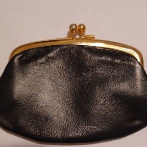 Elegant Black Leather Coin Purse with Gold Trim
